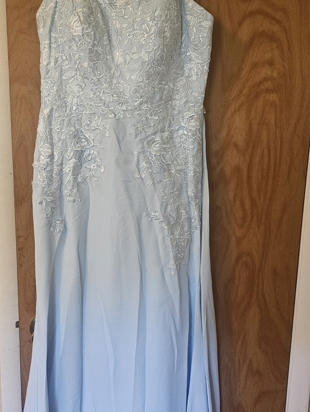 Strapless Light Blue Lace Appliqué Evening Dress